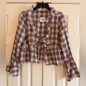 American Eagle Outfitters Plaid Ruffle Tie-Front Top in Cream, Brown & Red
